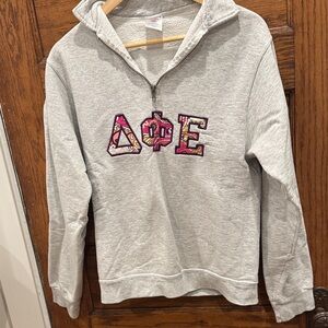 Gray Quarter-Zip Sweater with Delta Phi Epsilon letters in Vera Bradley print